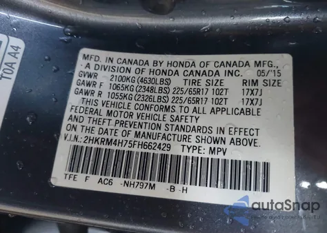 2015 Honda Cr-V Ex-L из США, поврежденный, VIN 2HKRM4H75FH662429